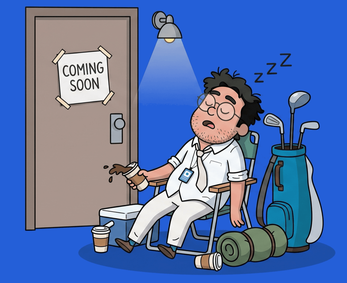 A cartoon golfer asleep in a camping chair outside the BayEight door, under a wall lamp, a COMING SOON sign taped to the door and his golf bag, cooler and bedroll beside him.