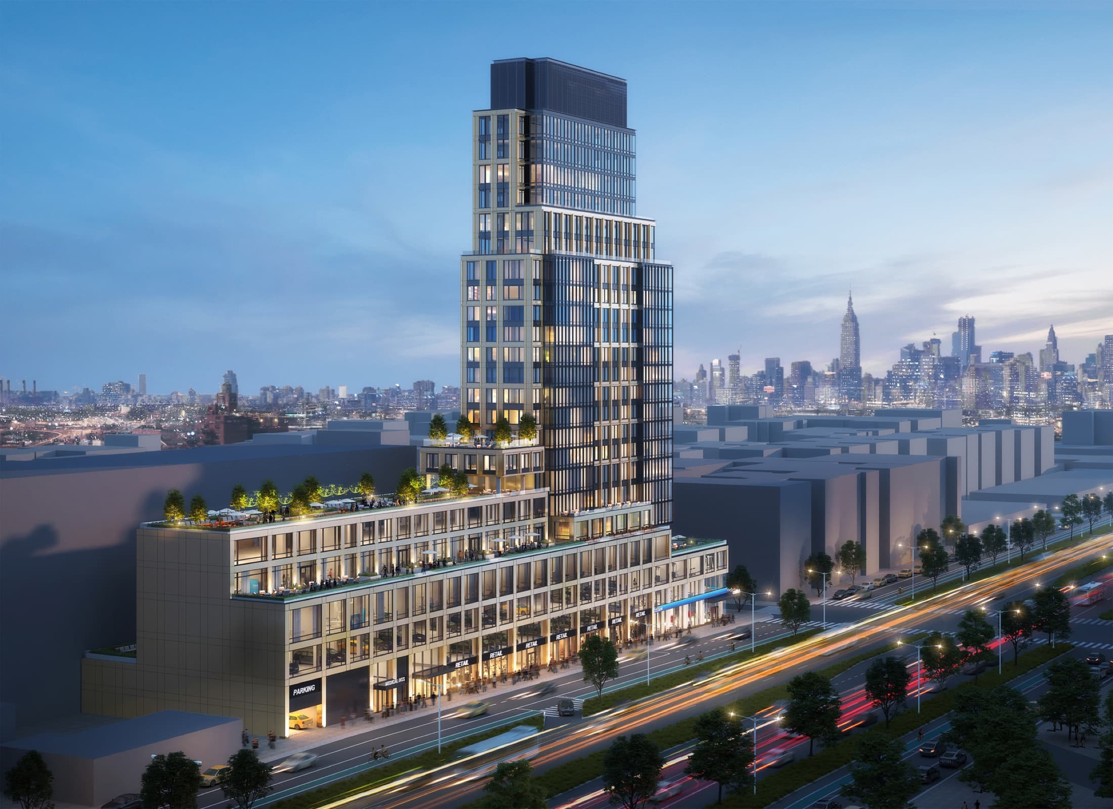 Vista 65 at 97-12 65th Road in Rego Park, with the Manhattan skyline behind it